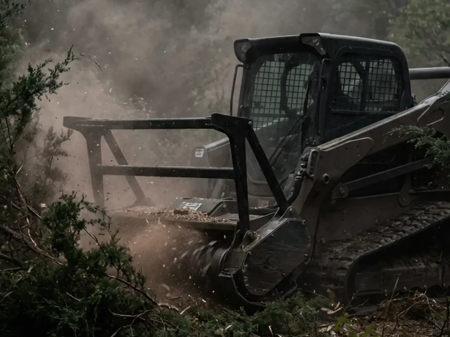 Tracked skid loader with a mulching head working into a dense thicket, brush clearing