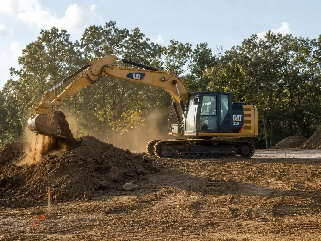 Excavator moving dirt beside hardwood timber, retaining walls
