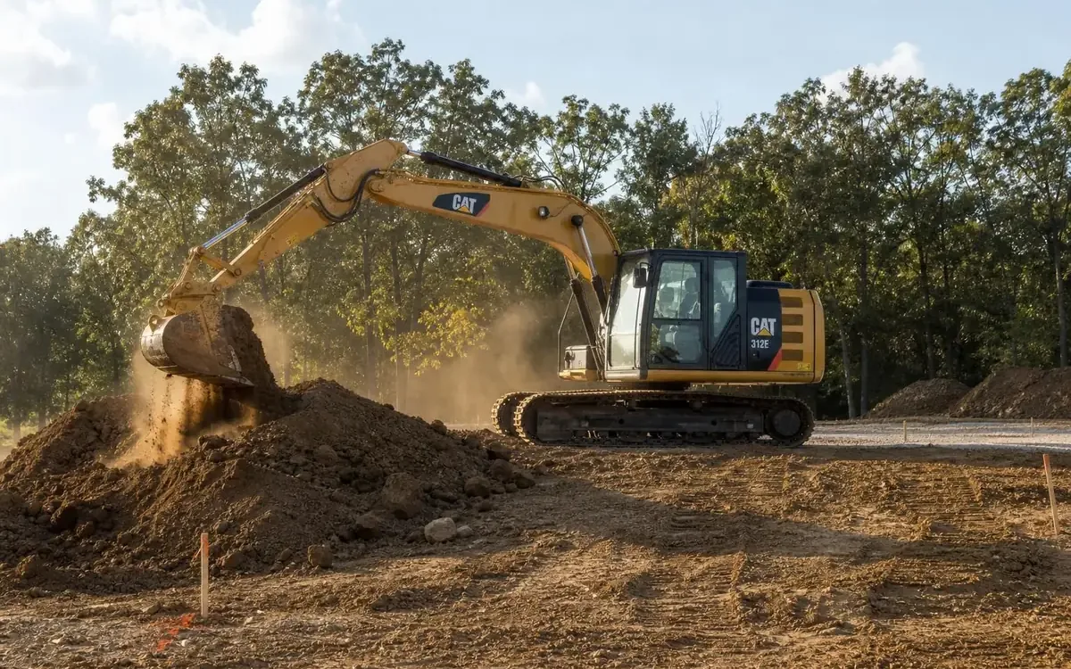 Excavator moving dirt on a staked building site beside hardwood timber, site preparation